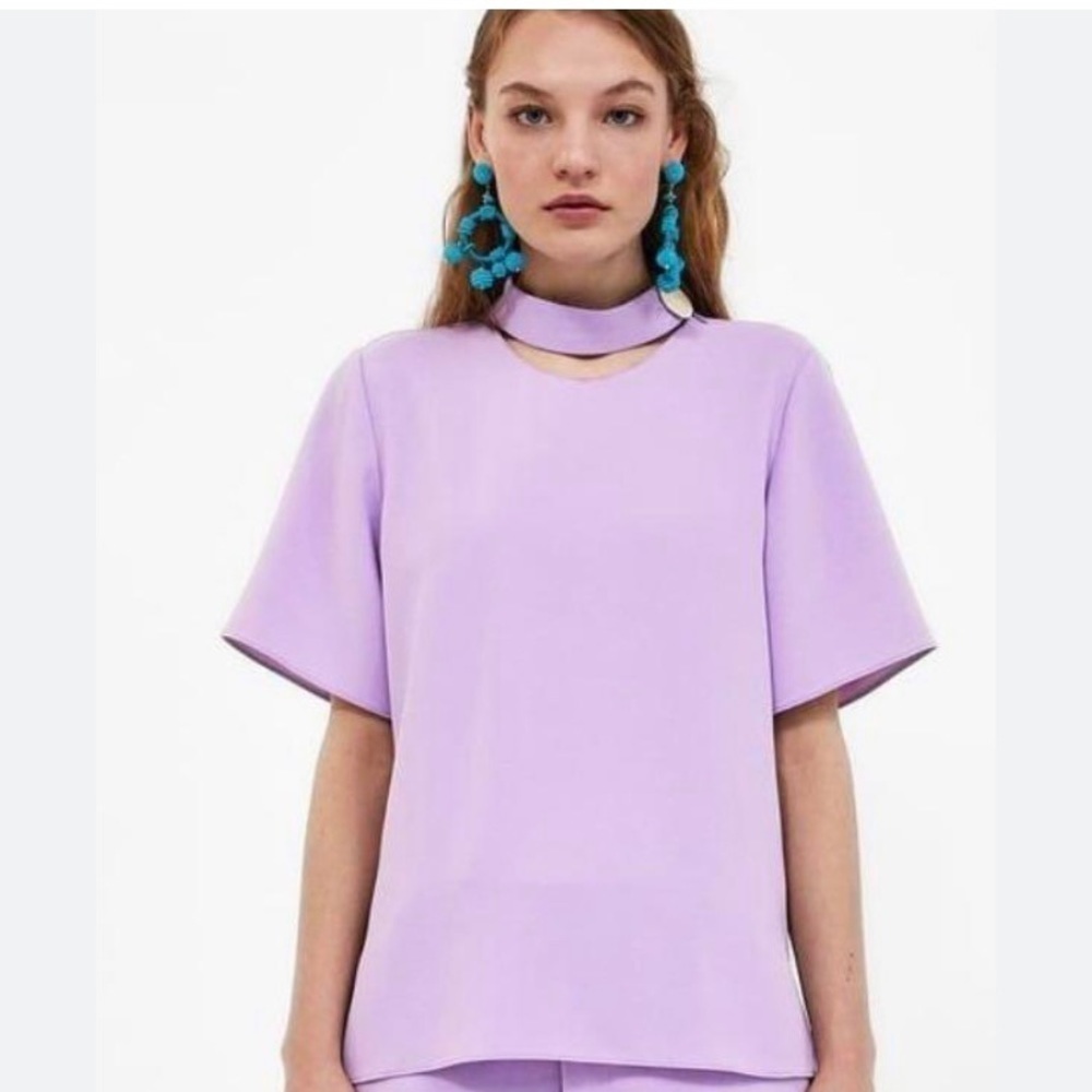 Zara Woman lavender Choker Neck Slit Side Blouse size Large